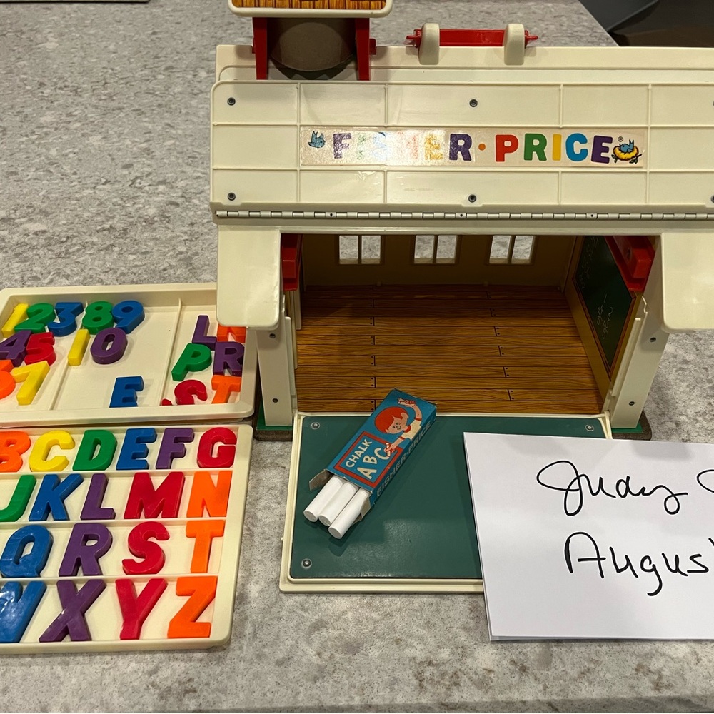 Vintage Fisher Price Little People School House with Bus, Letters, Numbers,Chalk
